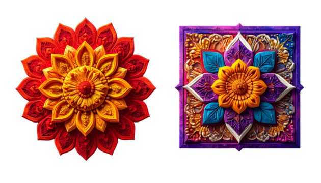  3D Diwali Rangoli Set with Floral and Geometric Patterns isolated on transparent background
