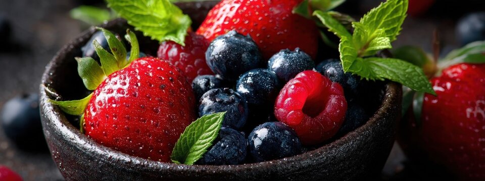 Close-up still life of a dark ceramic bowl filled with fresh mixed berries and mint - Powered by Adobe