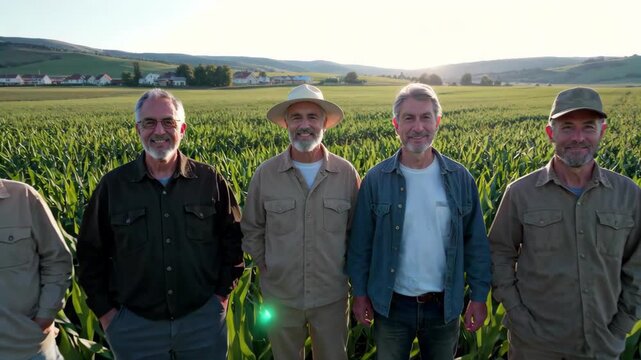 Several men standing in the farmland The Farm Owners' Regiment in the Cornfield