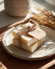 Rustic Bar Soap Stack on Ceramic Plate with Hemp Cord and Kraft Tag under Warm Light