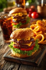 A delicious double cheeseburger with crispy onion rings and cola on a rustic wooden board