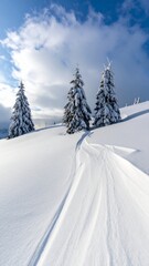 Fresh ski tracks leading through deep powder snow towards evergreen trees on a sunny winter day.