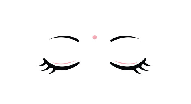 Minimalist illustration of closed eyes with delicate lashes and a spiritual pink bindi on a serene white background.