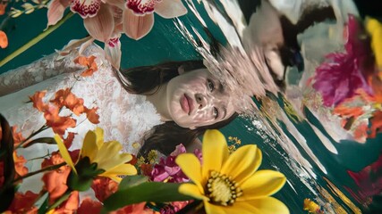 Dreamlike underwater portrait of a young woman drifting among orchids and bubbles, soft light rippling across her face to suggest beauty, serenity, mindfulness, and escapism in slow motion.