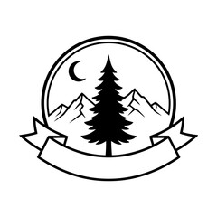 Obraz premium Vector art of mountain and pine tree logo with moon
