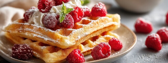 A stack of golden waffles topped with fresh raspberries, whipped cream, and powdered sugar