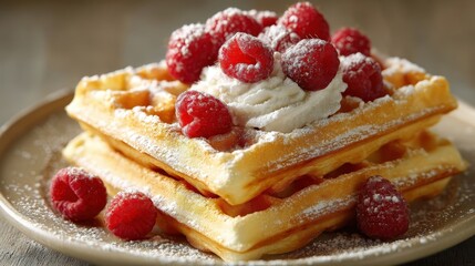 A stack of golden waffles topped with fresh raspberries, whipped cream, and powdered sugar