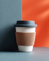 Cozy Workspace Vibes - Reusable Ceramic Coffee Cup with Silicone Sleeve on Soft Desk Light Background with Copy Space for Text, Steam Curl