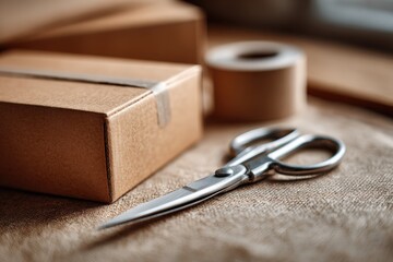 Precise Paper Tape Sealing of Cardboard Box in Calm Daylight with Steel Scissors - Pressed Seam Detail Close-up