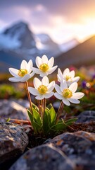 White Alpine Wildflowers Blooming on a Rocky Mountain at Sunrise.