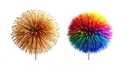  3D Golden and Rainbow Fireworks Pair isolated on transparent background