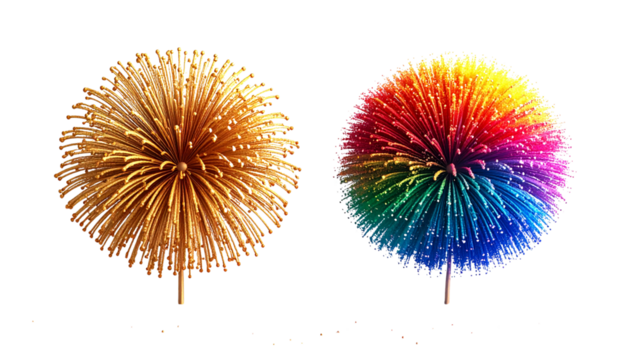  3D Golden and Rainbow Fireworks Pair isolated on transparent background
