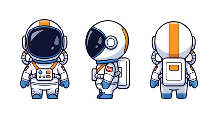 Three cartoon astronaut characters in white and orange space suits with different poses on a white background.