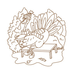 Cozy Turkey with Coffee Line Art - Thanksgiving Coloring Page