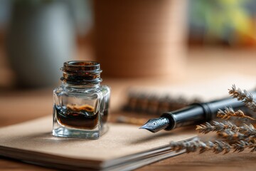 Serene Study Space: Refilling Fountain Pen Ink in Glass with Recycled Paper Notebook, Clean Workspace Scene