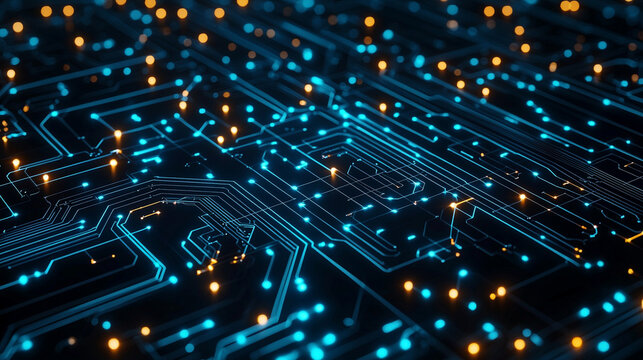 発光する電子回路をイメージしたテクノロジー背景
