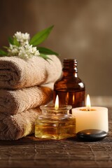 Essential oil bottle, smoke, and towels: aromatherapy and spa relaxation