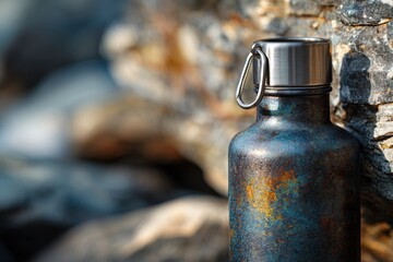 Shiny Stainless Water Bottle with Patina Detail, Rock in Natural Outdoor Light