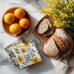Eco-Friendly Beeswax Wraps Folded with Citrus and Bread on Marble Counter, Overhead Neat Grid Composition
