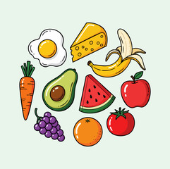 Healthy food set arranged in a circle, vector illustration in doodle style.