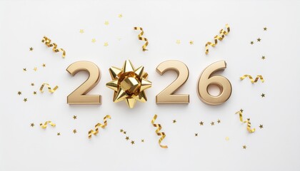 Golden 2026 New Year's Decoration with Bow and Confetti on White Background
