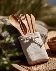 Eco-Friendly Bamboo Cutlery Set in Linen Roll on Picnic Mat, Bathed in Gentle Sunlight - Sustainable Outdoor Dining Concept