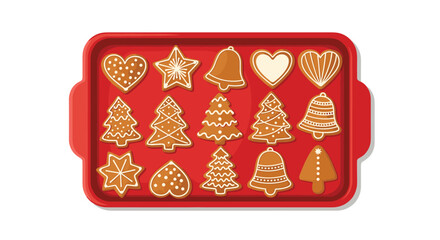 An overhead view of various holiday-themed gingerbread cookies, intricately decorated with white icing, neatly arranged on a vibrant red baking tray.