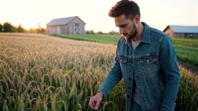 Men's field check wheat growth status Farmer's field wheat ears check