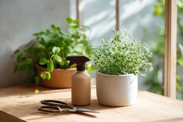 Urban Indoor Plant Care Kit with Glass Mister and Pruning Scissors under Studio-Like Natural Light