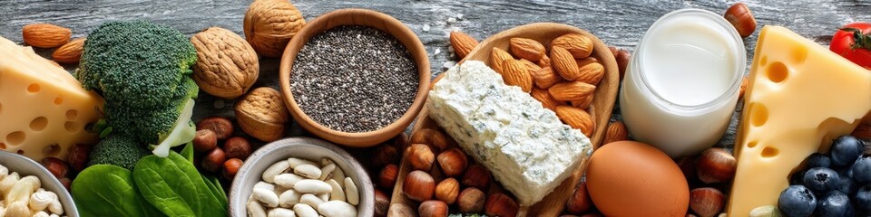Fototapeta premium High-Calcium Foods for Nutrition and Immune Strength: Overhead View