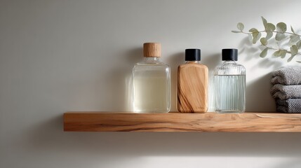 Serene Minimalist Bathroom Shelf with Unbranded Bottles, Harmonious Negative Space - Lifestyle Editorial