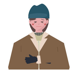 寒がる女性。冬の寒さに凍える人物。寒くて震える。コート、手袋、ニット帽。ベクターイラスト

