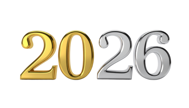 3D Metallic 2026 Number Set in Elegant Display isolated on transparent background