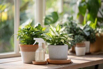 Indoor Plant Care Essentials: Glass Mister Spray, Pruning Scissors, Clay Pot in Natural Light Studio Setting