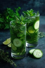 Fototapeta premium Refreshing Cucumber Mint Infused Water Served in Tall Glasses