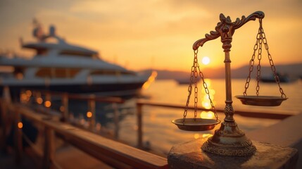 Scales of Justice at Sunset: Luxury Yacht in the Background