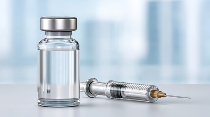 industry showcase medical Medical vial and syringe on a table with a soft-focus background.
