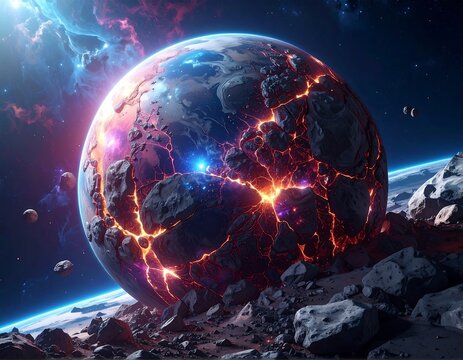 Digital art showing a fiery, cracked planet exploding with glowing fissures amidst space rocks. Vibrant nebulae swirl in the background - Powered by Adobe