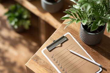 Eco-Friendly Productivity Boost: Refill Calendar Checklist with Pencil Tick Marks on Clipboard, Desk Plant Shadow Overlaying, Eco Tone Workspace