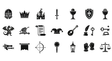 Monochrome glyph icon set depicting medieval kingdom elements, fantasy adventure items, and historical symbols
