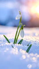 First delicate snowdrop flower blooming in the winter snow.