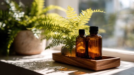 Morning Serenity: Unbranded Amber Bottles on Wooden Tray with Fern Shadow Pattern in Gentle Window Light
