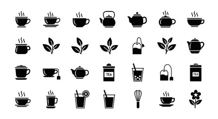 A versatile set of minimalist tea icons, featuring teapots, cups, and leaves. Simple black glyphs perfect for cafe and beverage design projects