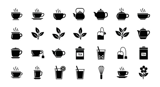 A versatile set of minimalist tea icons, featuring teapots, cups, and leaves. Simple black glyphs perfect for cafe and beverage design projects