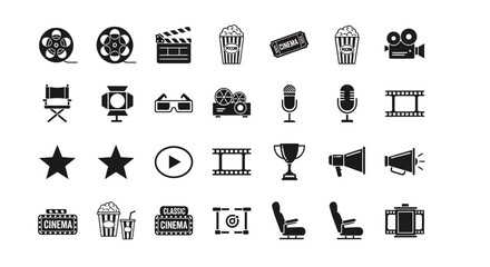 Cinema and filmmaking glyph icon set. A collection of movie production symbols like popcorn, camera, and film reel
