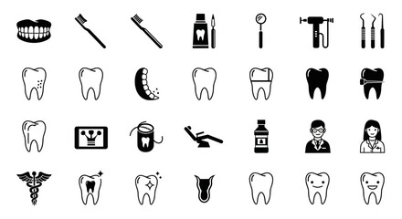 Set of simple line and solid icons representing various aspects of dental treatment, oral hygiene, and stomatology