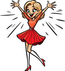 Happy enthusiastic woman, blonde in red