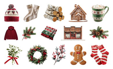 PNG Festive holiday decorations collection, element set on transparent background