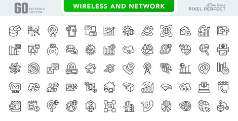 Wireless Wi-fi and network line icon set. Connection, Signal, Website, mobile, Wireless, Communication, Computer outline icons pack. Editable stroke