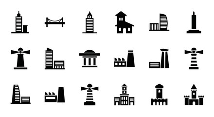 Vector icon set of city architecture and industrial buildings. A collection of black glyphs including skyscrapers, lighthouses, and factories